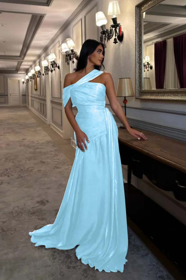Sleeveless Square One Shoulder Prom Dress With Pleated