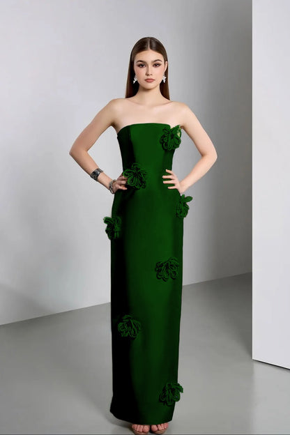 Elegant Ivory Strapless Evening Dress Column Floor Length in Satin with Flower