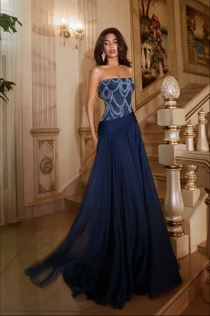 Exquisite DarkNavy Chiffon Sleeveless Strapless Evening Dress with Sequins