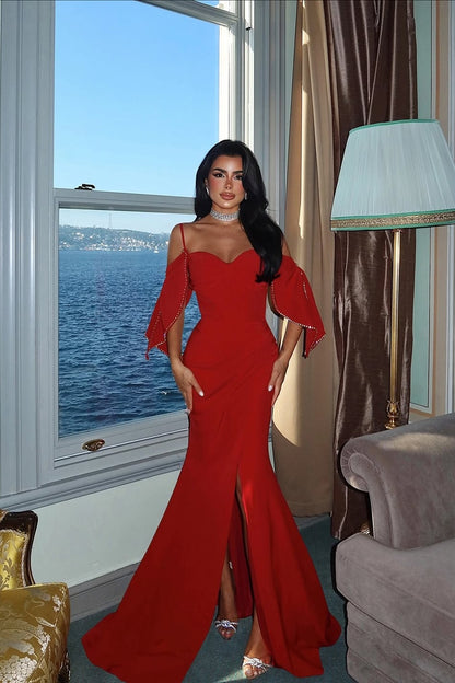 Red Sleeveless Spagheetti Straps V Neck Mermaid Long Prom Dress With Slit