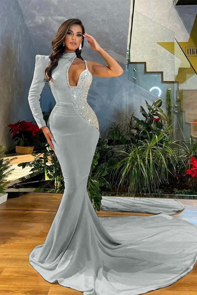 White Sequins Mermaid Prom Dress One Shoulder
