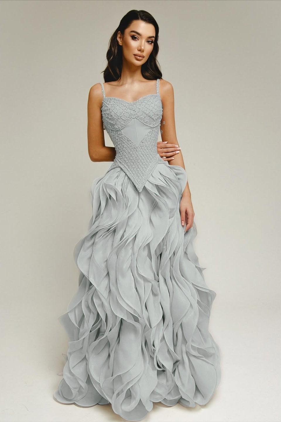 Sleeveless Exquisite Beaded Bustier Prom Dress with Cascading 3D Ruffles