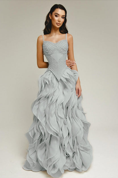 Sleeveless Exquisite Beaded Bustier Prom Dress with Cascading 3D Ruffles