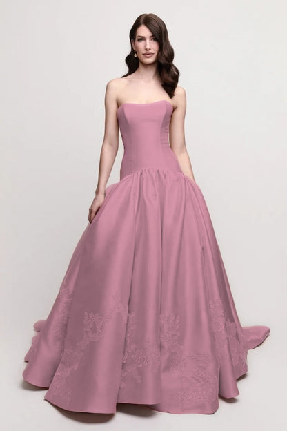 Charming Sleeveless Pink Strapless Satin Evening Dress With Applique