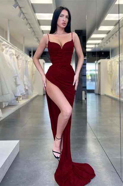 Spaghetti-Straps Sequins V-Neck Sleeveless Mermaid Evening Dress With Split