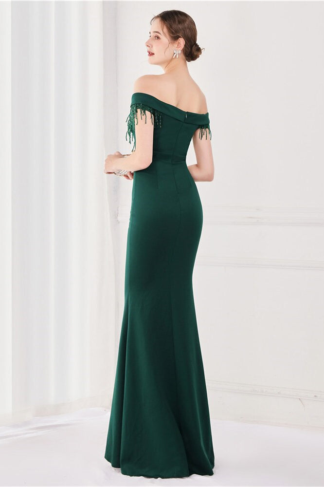 Dark Green V-Neck Mermaid Off-The-Shoulder Evening Dress With Appliques Tassel