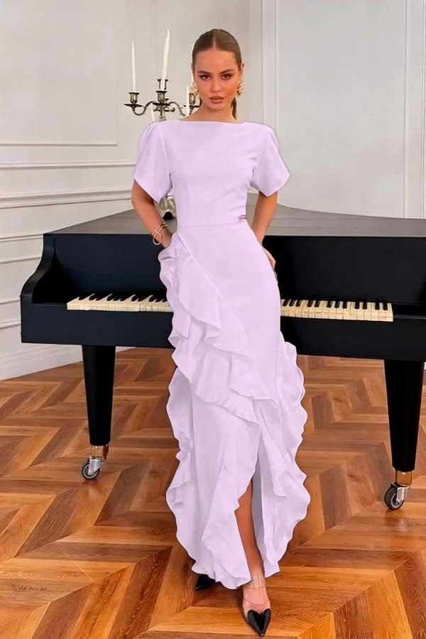 Charming Black Jewel Neck Short Sleeves Ruffles Split Evening Dress