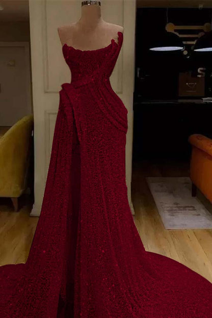 Mermaid Strapless Long Prom Dress Slit With Sequins