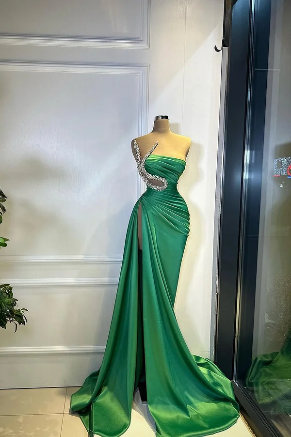 Mermaid Green Sleeveless Strapless Beads Prom Dress