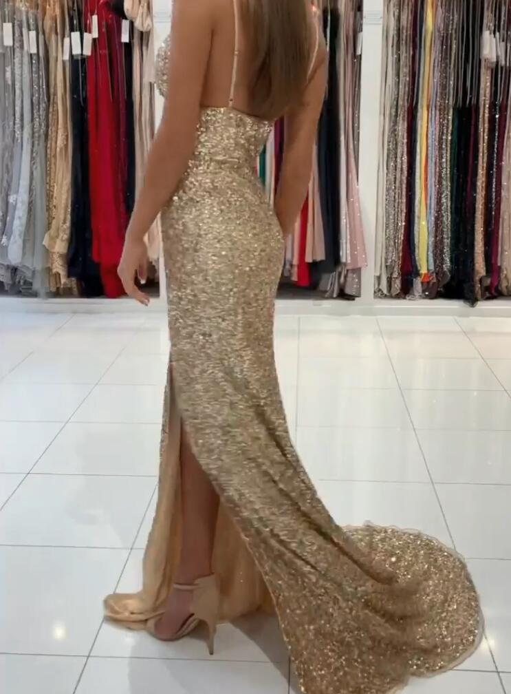 Gold Mermaid Prom Dress Sequins With Slit