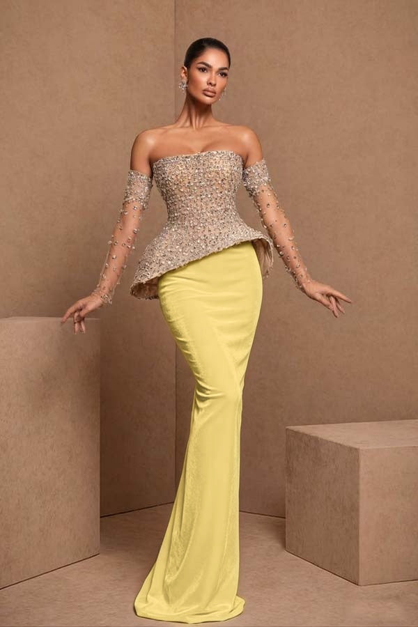 Black Sleeveless Strapless Mermaid Satin Beads Long Prom Dress With Gloves