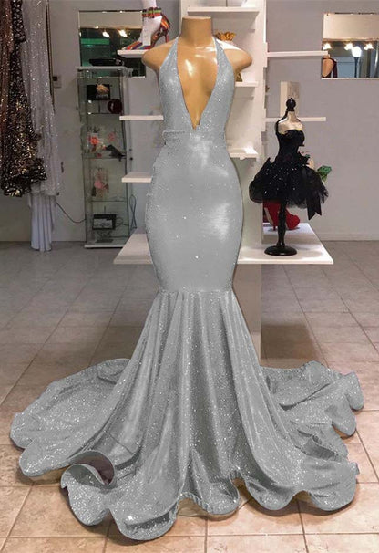 V-Neck Mermaid Evening Dress Halter With Sequins
