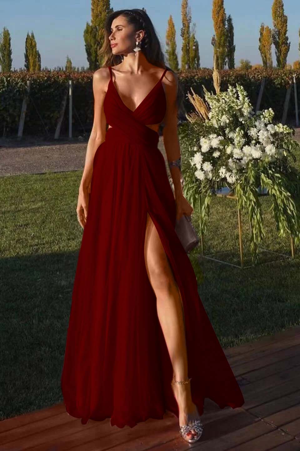 Fuchsia Spaghetti-Straps A Line Prom Dress Tulle With Split
