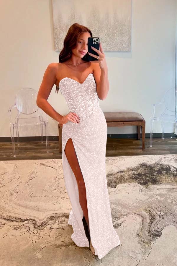 Strapless Blue Beaded Slit Prom Dress