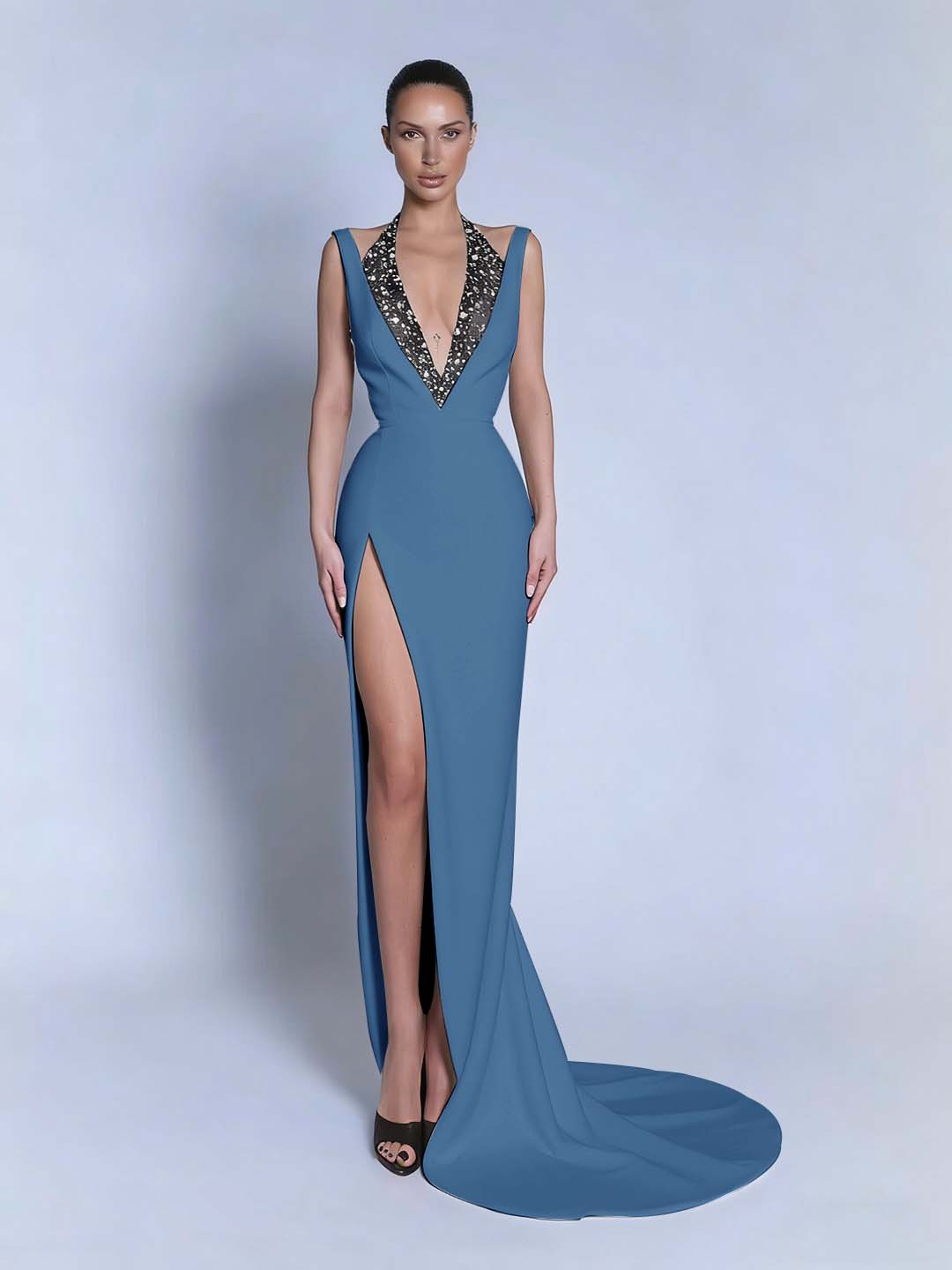 Black Sleeveless Slit Halter Straps Prom Dress With Beads