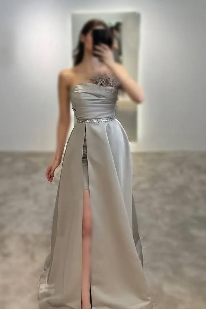 Beautiful Black Satin Sleeveless Strapless Long Split Prom Dress with Feathers