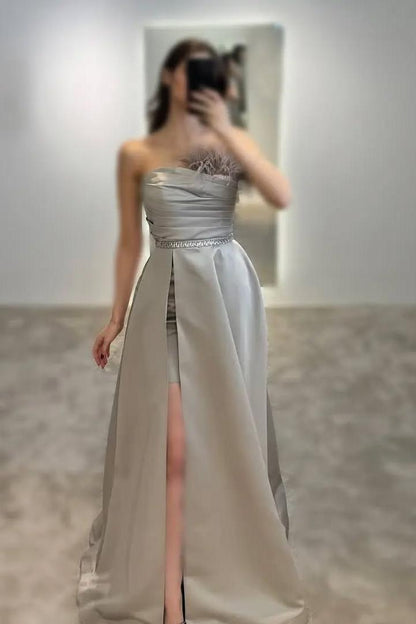 Beautiful Black Satin Sleeveless Strapless Long Split Prom Dress with Feathers
