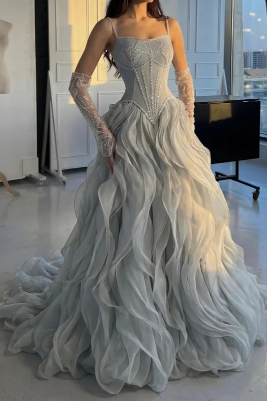 Stunning Silver Straps Formal Evening Dress Sleeveless Beading with Ruffles