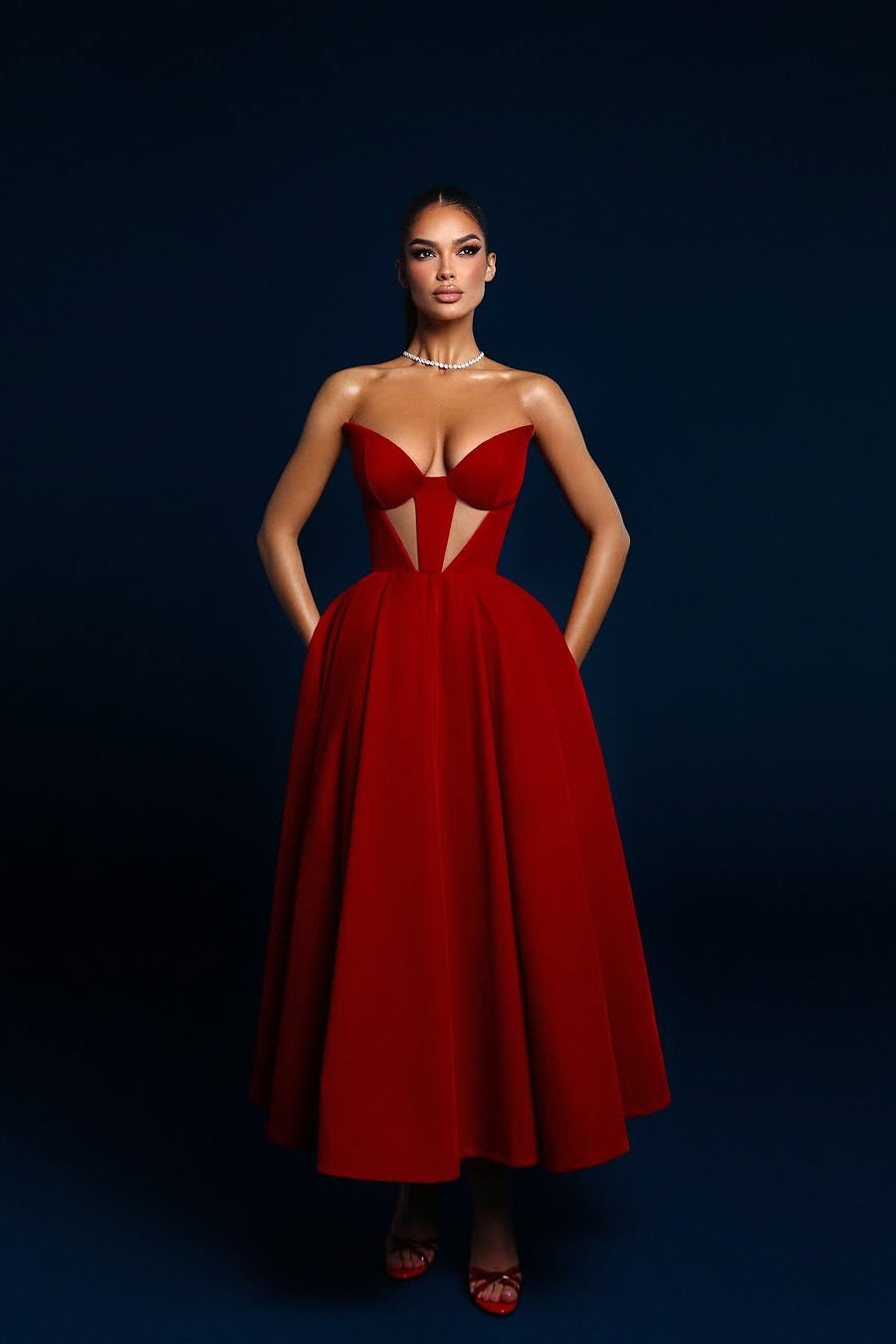 Red Simple Sleeveless Deep V-Neck Strapless A-Line Prom Dress