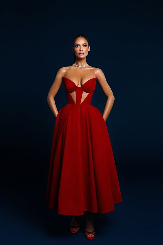 Red Simple Sleeveless Deep V-Neck Strapless A-Line Prom Dress