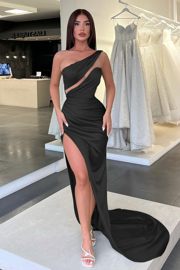 Light Green One-Shoulder Long Sleeveless Slit Evening Dress