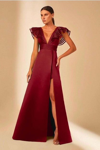Charming Satin Spaghetti Strap Sleeveless V Neck Long Prom Dress with Split