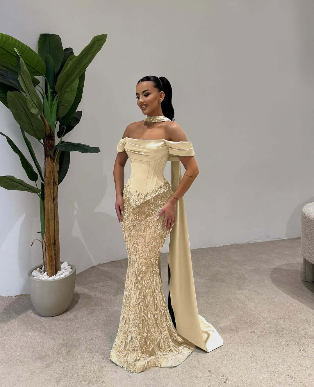 Off Shoulder Beads Mermaid Square Prom Dress With Scarf