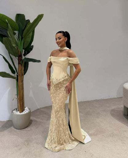 Off Shoulder Beads Mermaid Square Prom Dress With Scarf