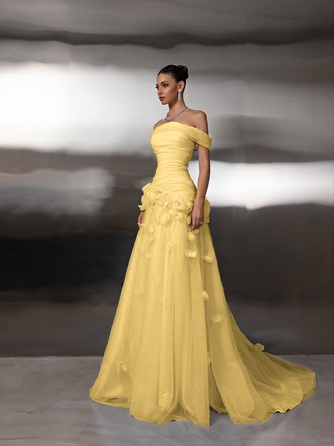 Off Shoulder Sleeveless A-Line Handmade Flower Prom Dress