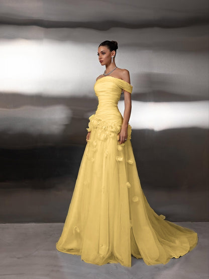 Off Shoulder Sleeveless A-Line Handmade Flower Prom Dress