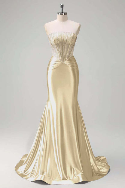 Gorgeous Strapless Sleeveless Mermaid Prom Dress With Beading