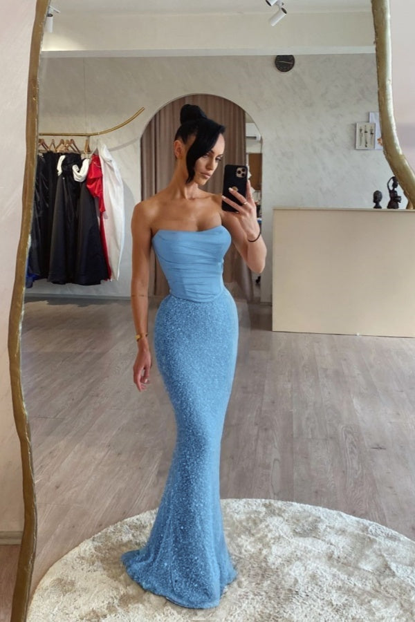 Pink Satin Sequins Spliced Strapless Mermaid Prom Dress