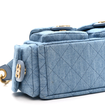 Washed Denim Quilted Large Trendy Pockets Hobo Blue