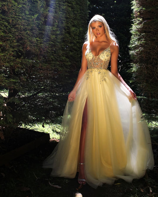 Sleeveless Spaghetti Straps V-Neck A-Line Prom Dress With Beads