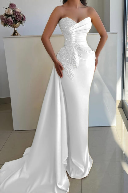 Sleeveless Strapless V Neck Mermaid Beaded Prom Dress With Tail