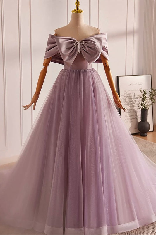 Sleeveless Strapless Off Shoulder A Line Long Prom Dress With Bowknot
