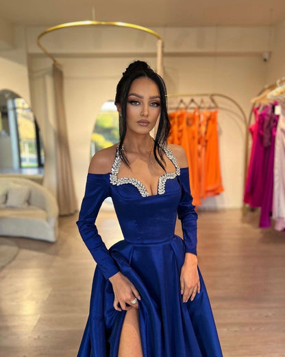 Royal Blue Long Sleeves Halter Straps A-Line Beads Prom Dress
