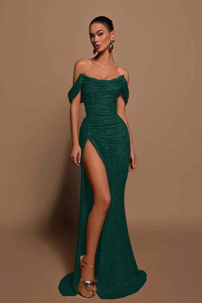 Glamorous Sequins Off the Shoulder Sleeveless Pleated Long Prom Dress with Split