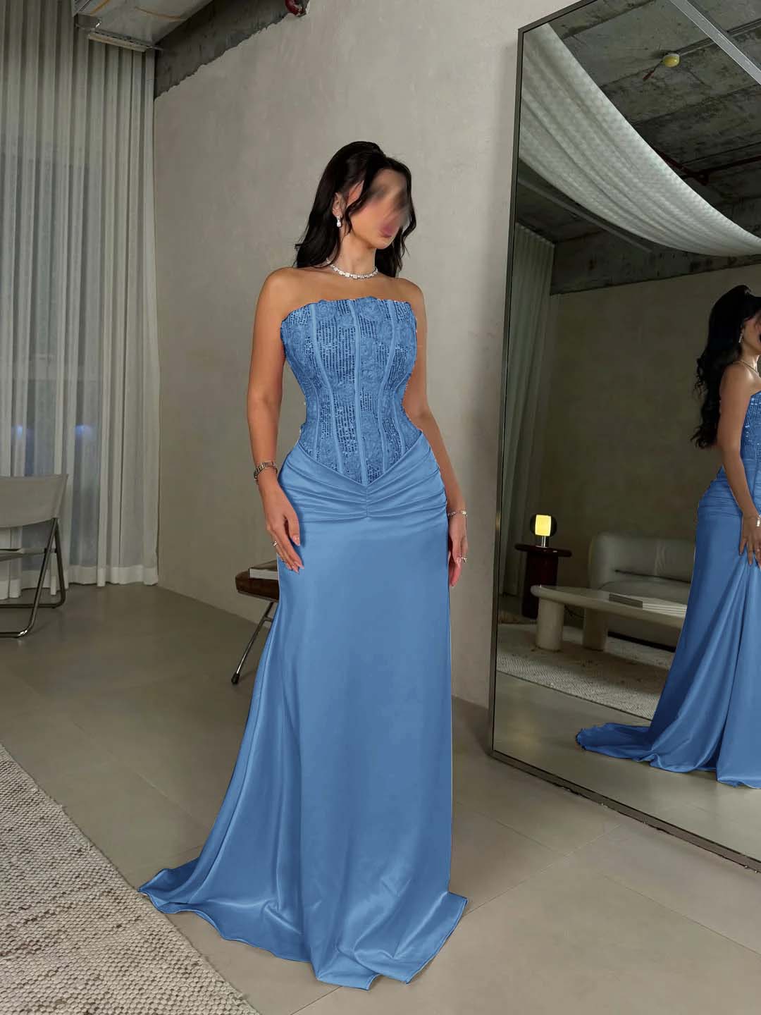 Sleeveless Square Mermaid Strapless Beads Prom Dress