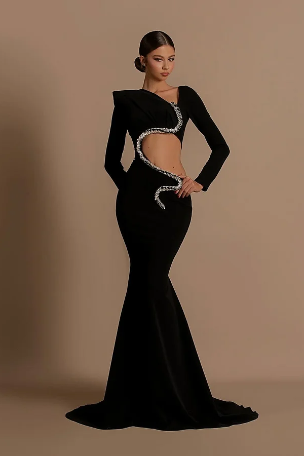 Elegant Sexy Black Long Sleeves Beads Mermaid Prom Dress