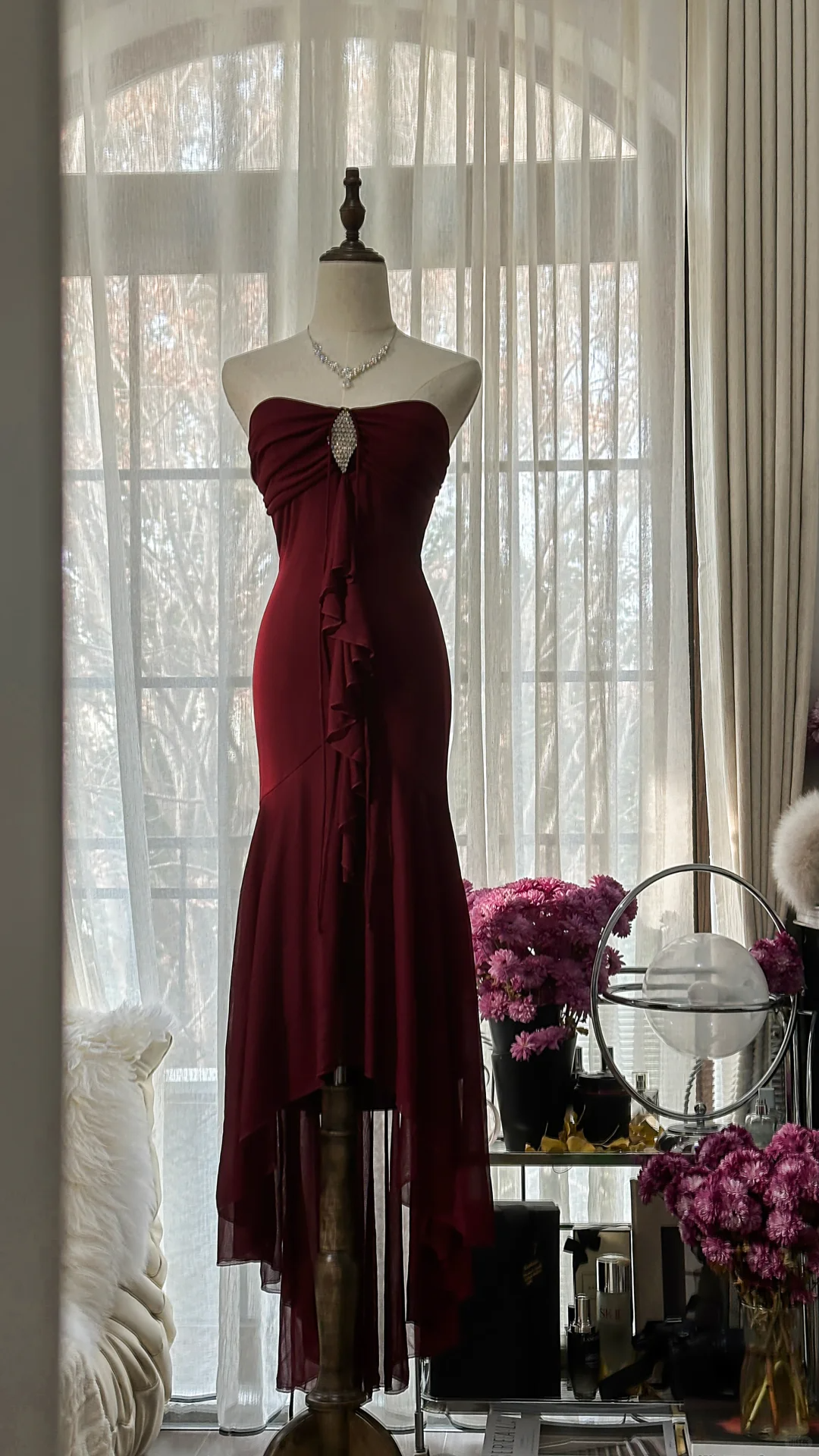 Elegant Burgundy Strapless Gorgeous Beaded Chiffon Evening Dress Prom Dress D1471