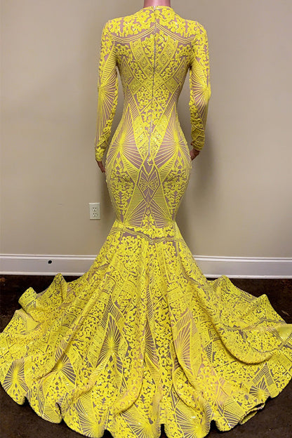 Bright Yellow Long Sleeves Mermaid Prom Dress Sleeveless Trumpet