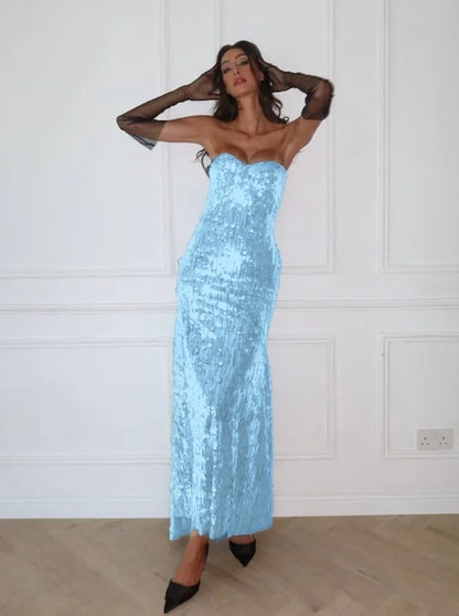 Blue Strapless Sleeveless Mermaid Evening Dress with Sequins