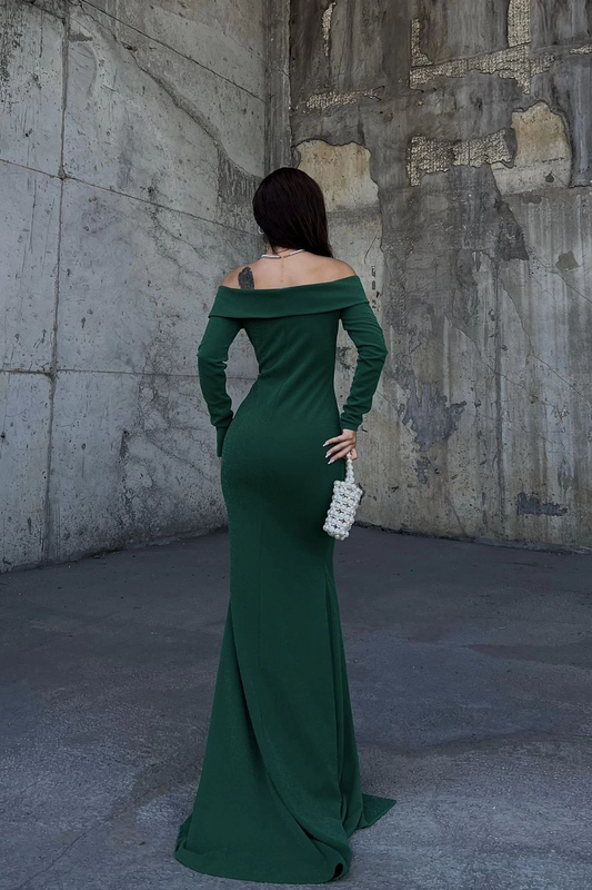 Stunning Dark Green Strapless Long Sleeves Deep V Neck Mermaid Prom Dress with Split
