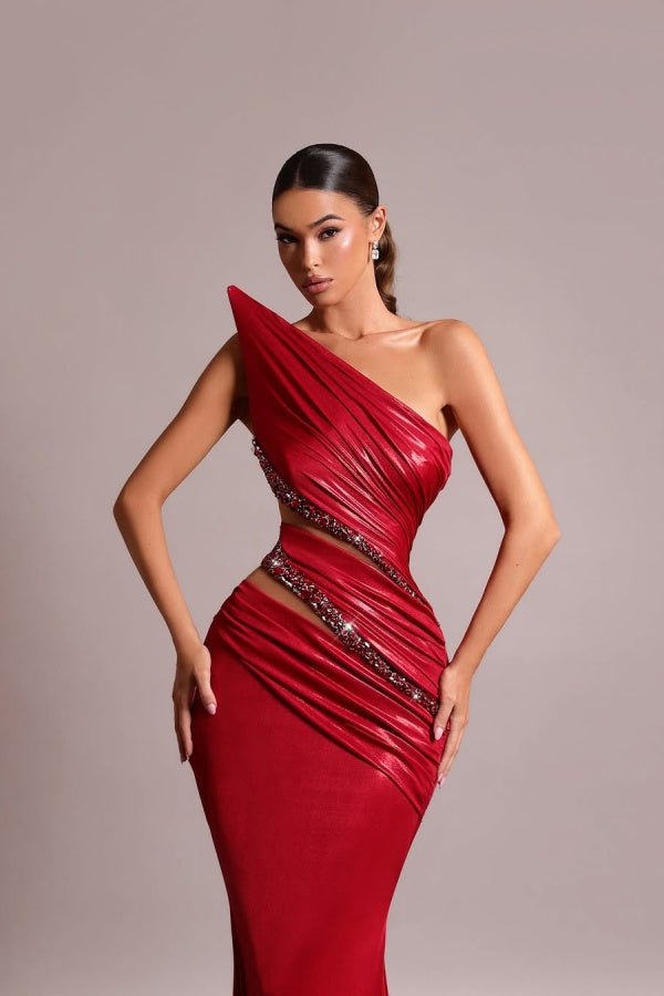 Red Strapless Long Prom Dress Mermaid Sleeveless with Sequins