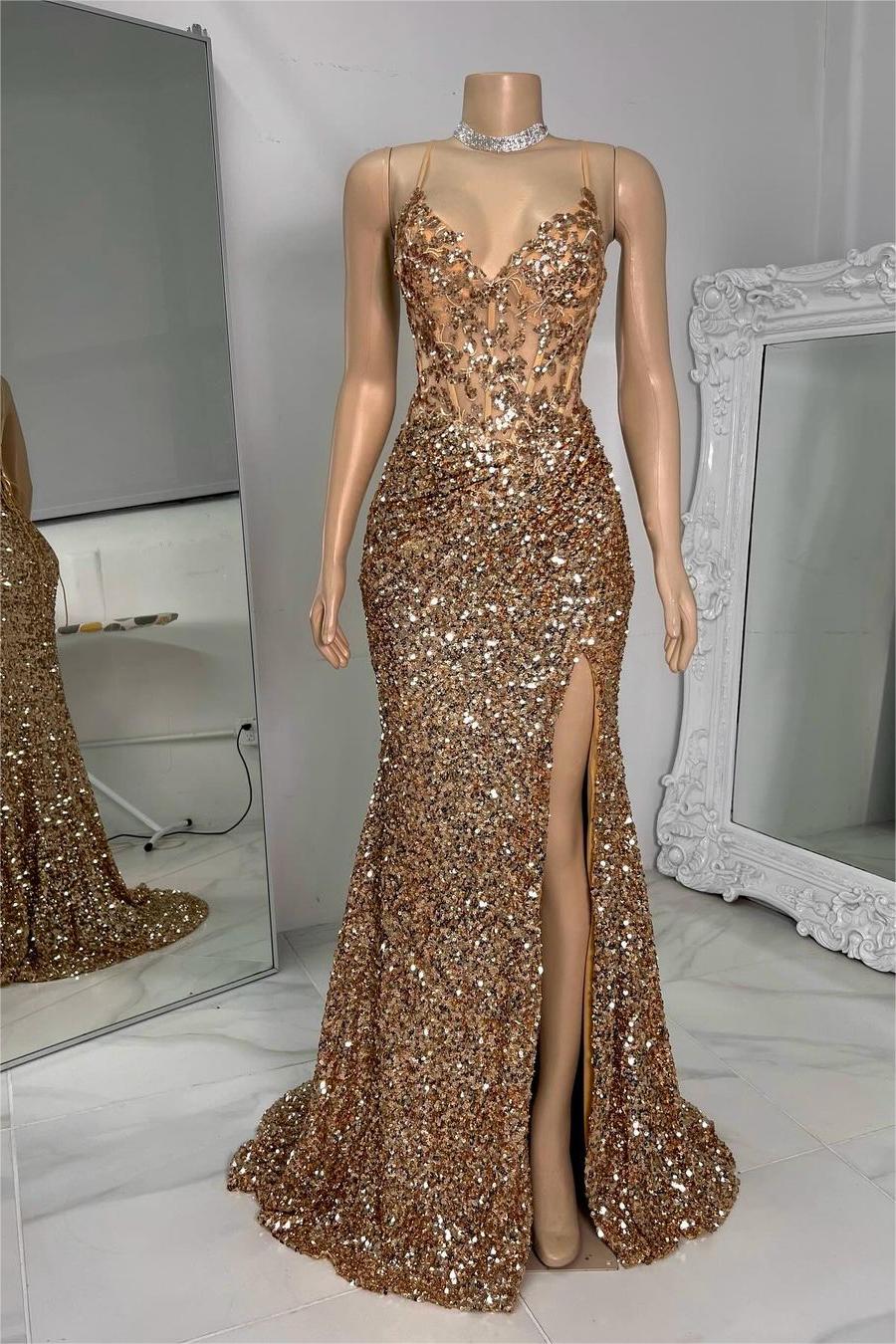 Exquisite Champagne Sequins Spaghetti Strap Sleeveless Prom Dress with Split