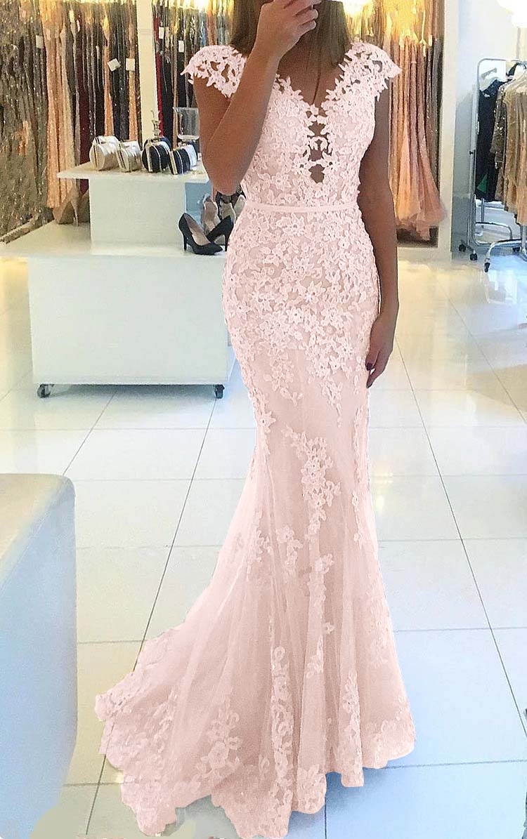 Appliques Mermaid Cap Sleeve Prom Dress