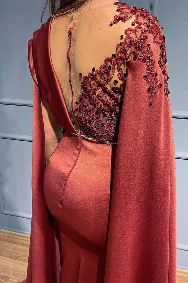 Rust Long Sleeves Beads Appliques Mermaid Evening Dress With Ruffles