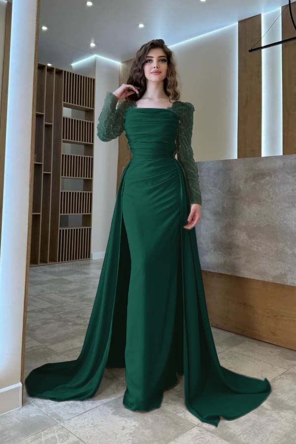 Gentle Beaded Long Sleeves Prom Dress With Detachable Trail