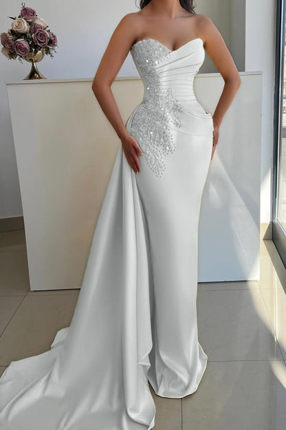 Sleeveless Strapless V Neck Mermaid Beaded Prom Dress With Tail